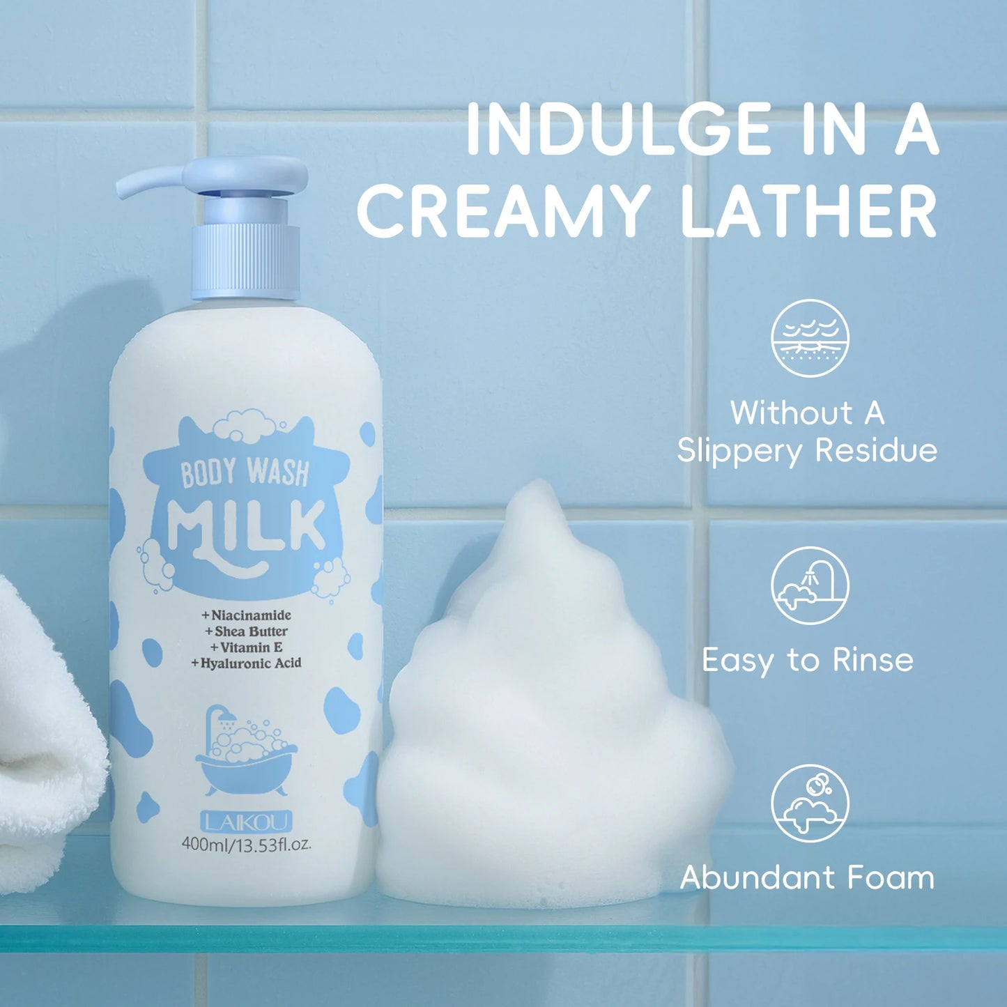 LAIKOU 400ml Milk Body Wash, Gentle Cleansing Long Lasting Moisturizing Milk Fragrance Shower Gel With Niacinamide & Shea Butter