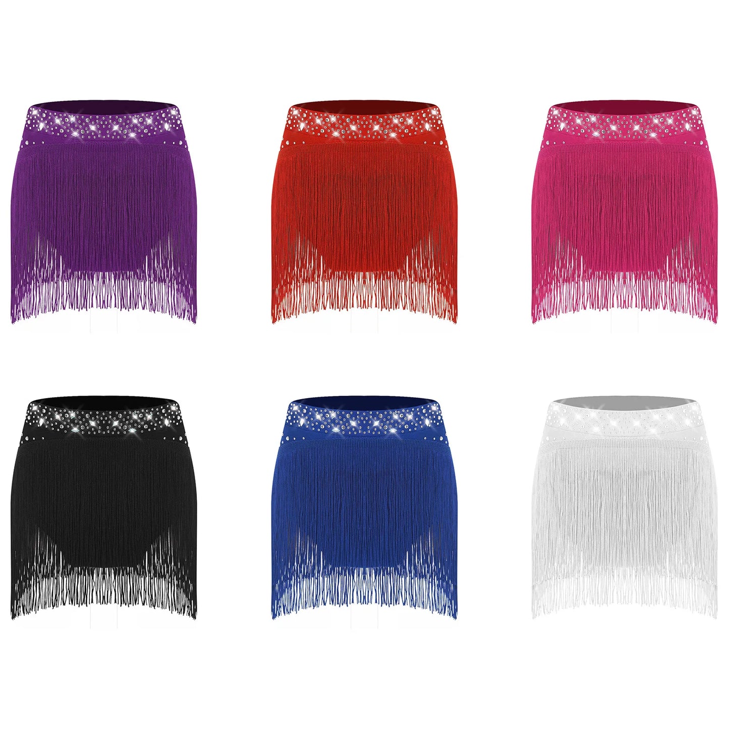 Girls Sparkly Sequins Latin Jazz Tango Dance Skirts Elastic Waistband Fringe Skirt with Safety Shorts Dance Performance Costumes