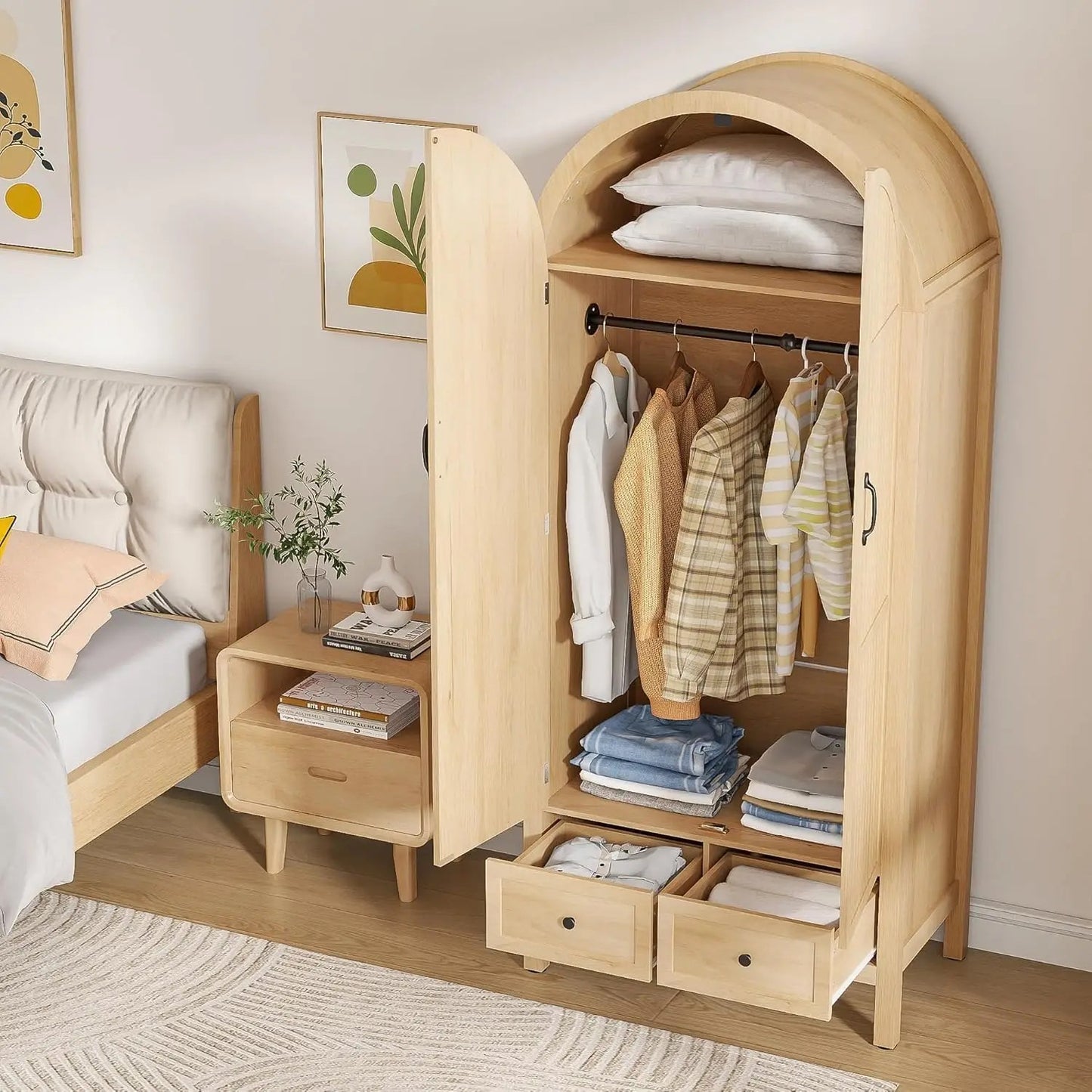 70.87'' Wood Armoire w/2 Arched Fluted Doors, Drawers &amp; Shelves, Hanging Rod for Bedroom (Wood Color)