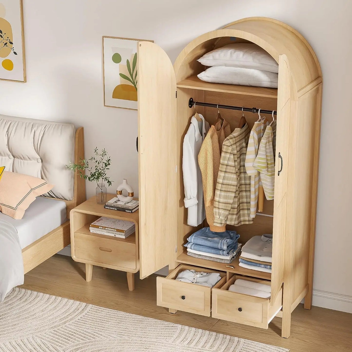 70.87'' Wood Armoire w/2 Arched Fluted Doors, Drawers & Shelves, Hanging Rod for Bedroom (Wood Color)