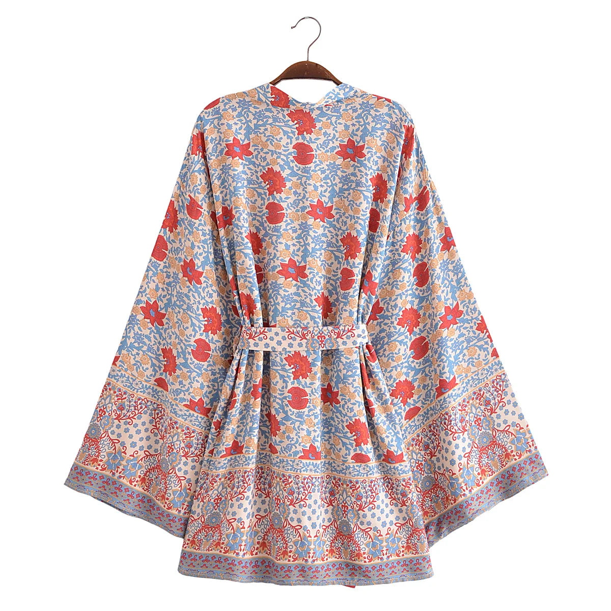 BOHO Women Blue With Pink Flower Print Kimono Shirt Holiday Tide Bow Sashes Mid Long Cardigan Summer Blouse Beach Cape