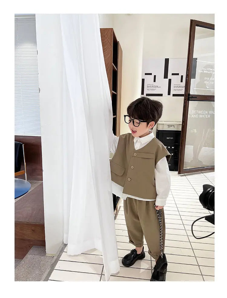 3 PCS set Spring Autumn Boy Clothing set Casual vest+ top+ Pant Kid Children baby toddler boy korea designer clothes 2-10 years