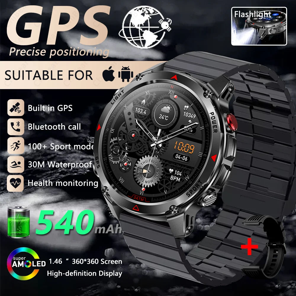 2025 New Outdoor Millitary Smart Watch Men GPS Positioning 540mAh Battery Waterproof Sports Fitness Tracker BT Call Smartwatch