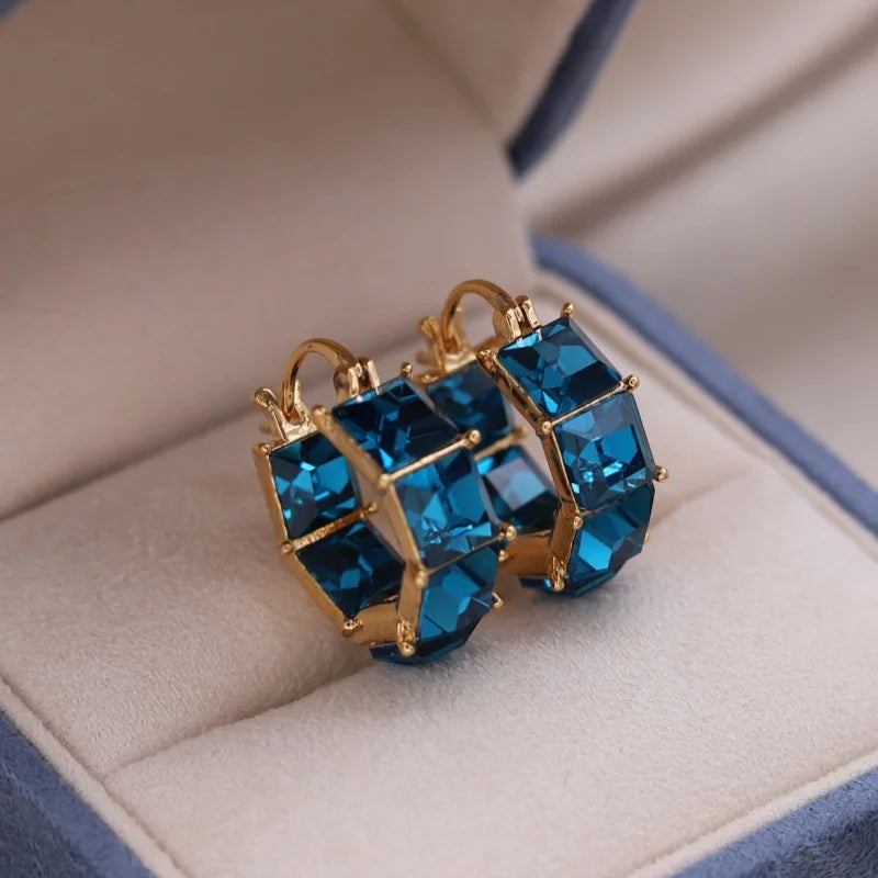 2025 Korean new design fashion jewelry luxury square blue crystal hoop earrings elegant women's daily work accessories