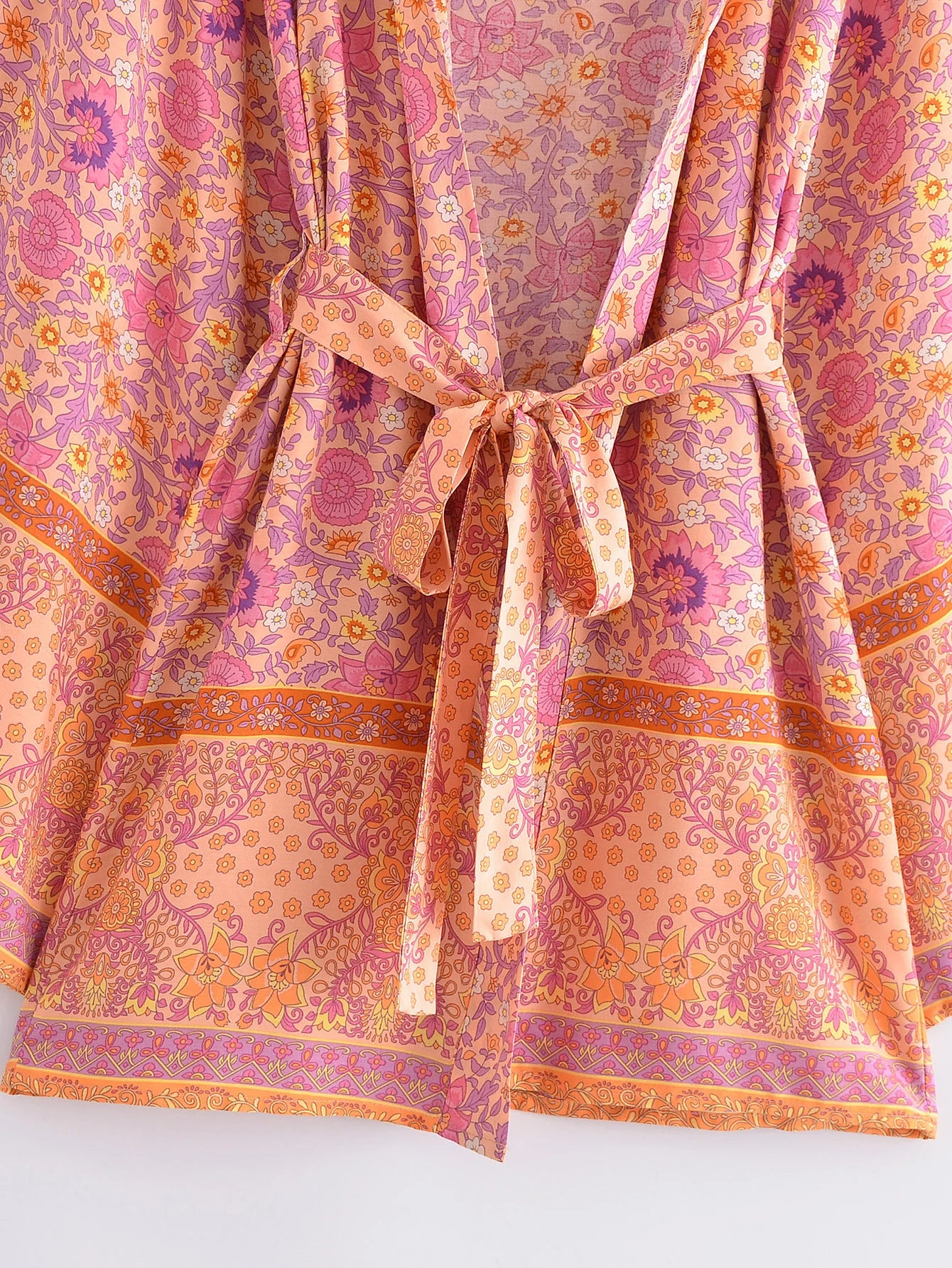 BOHO Women Blue With Pink Flower Print Kimono Shirt Holiday Tide Bow Sashes Mid Long Cardigan Summer Blouse Beach Cape