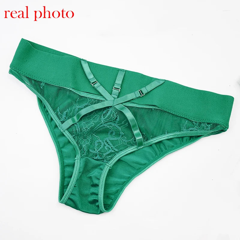 Sexy Bra Green Lingerie For Woman Erotic Underwear Set Lace Bandage Bralette Set Sexy Push up Lenceria 3 Piece Set