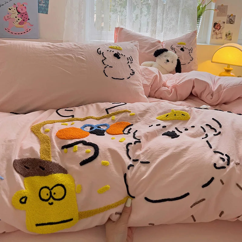 Cartoon Animal Embroidery Bedding Set For Adults Kids Cute Flat Fitted Sheet With Pillowcases Washed Cotton Colorful Full Size