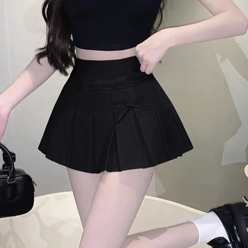 Bow Decor Women's Pleated Mini Skirts Korean Fashion High Waist Short Skirt Woman Streetwear Dance Tennis A Line Skirt Female