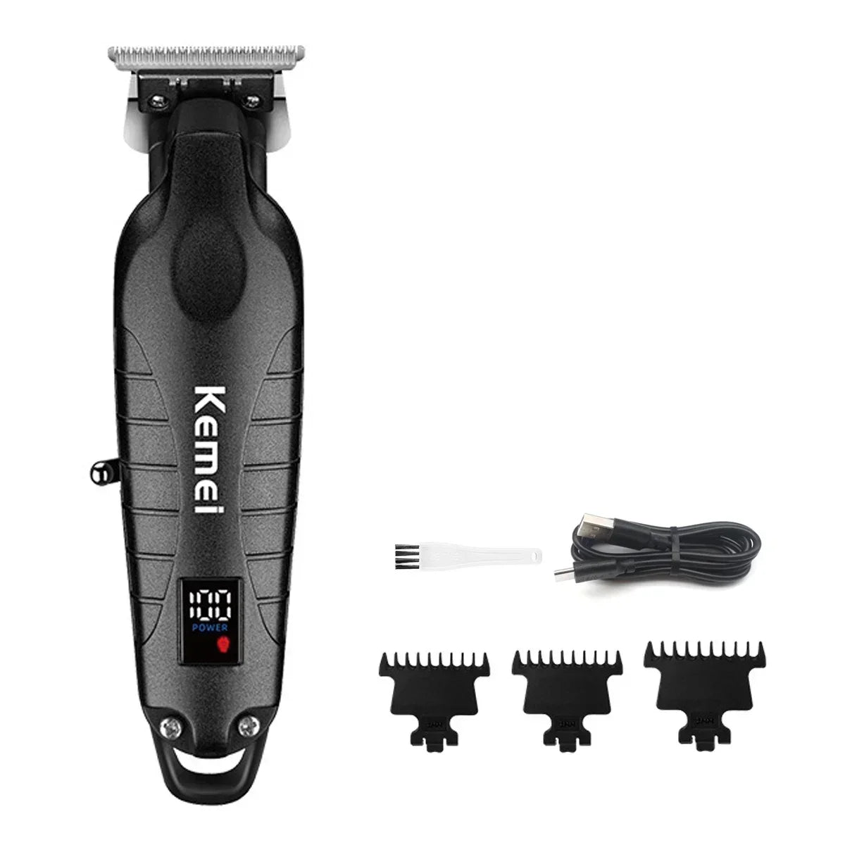 Kemei KM-2293 Professional Hair Trimmer Machine Zero Gapped Full Metal DLC T-Blade Finishing Machine USB LED Man's Hair Clipper