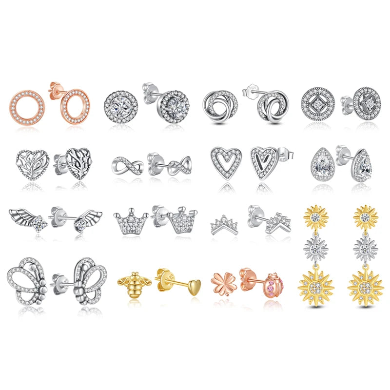 Original 925 Sterling Silver Earrings 2025 Crystal Love Heart Infinity Stud Earings For Women Piercing Rose Gold Gift Jewelry