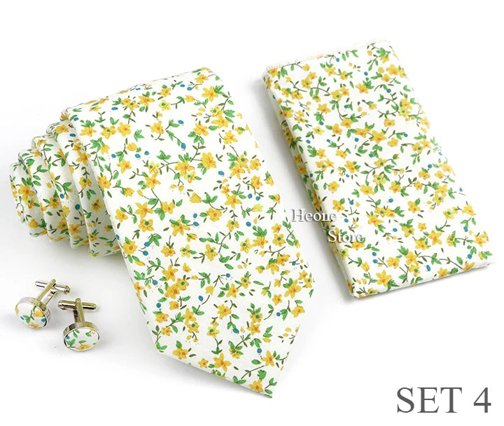 Hot Sell 3PC Chic Elegant Floral Tie Set Pocket Square Cufflinks For Men Women Wedding Party Dinner Suit Tuxedo Accessory Gift