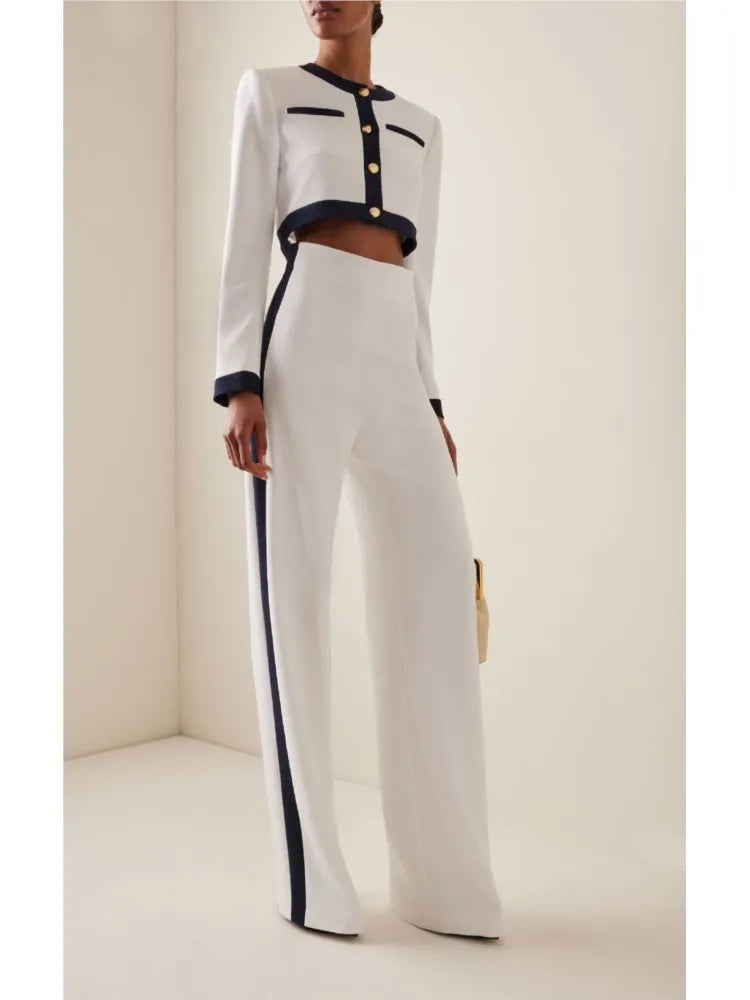 Elegant Women Slim Office Outfit Spring Autumn Fashion Contract Color Show Style Long Sleeve Button Tops & High Waist Pants Suit