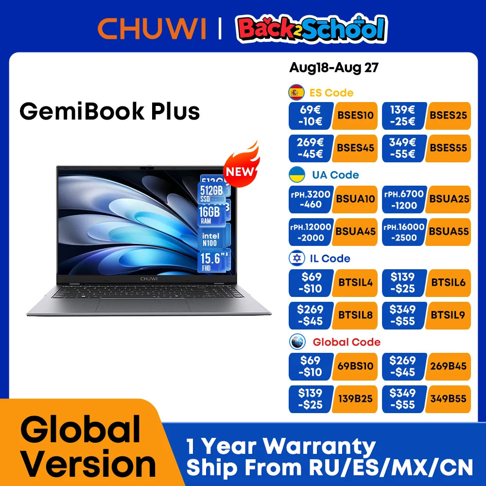 CHUWI GemiBook Plus Laptop Intel N100 Graphics for 12th Gen 15.6" 1920*1080P 16GB RAM 512GB SSD With Cooling Fan Windows 11