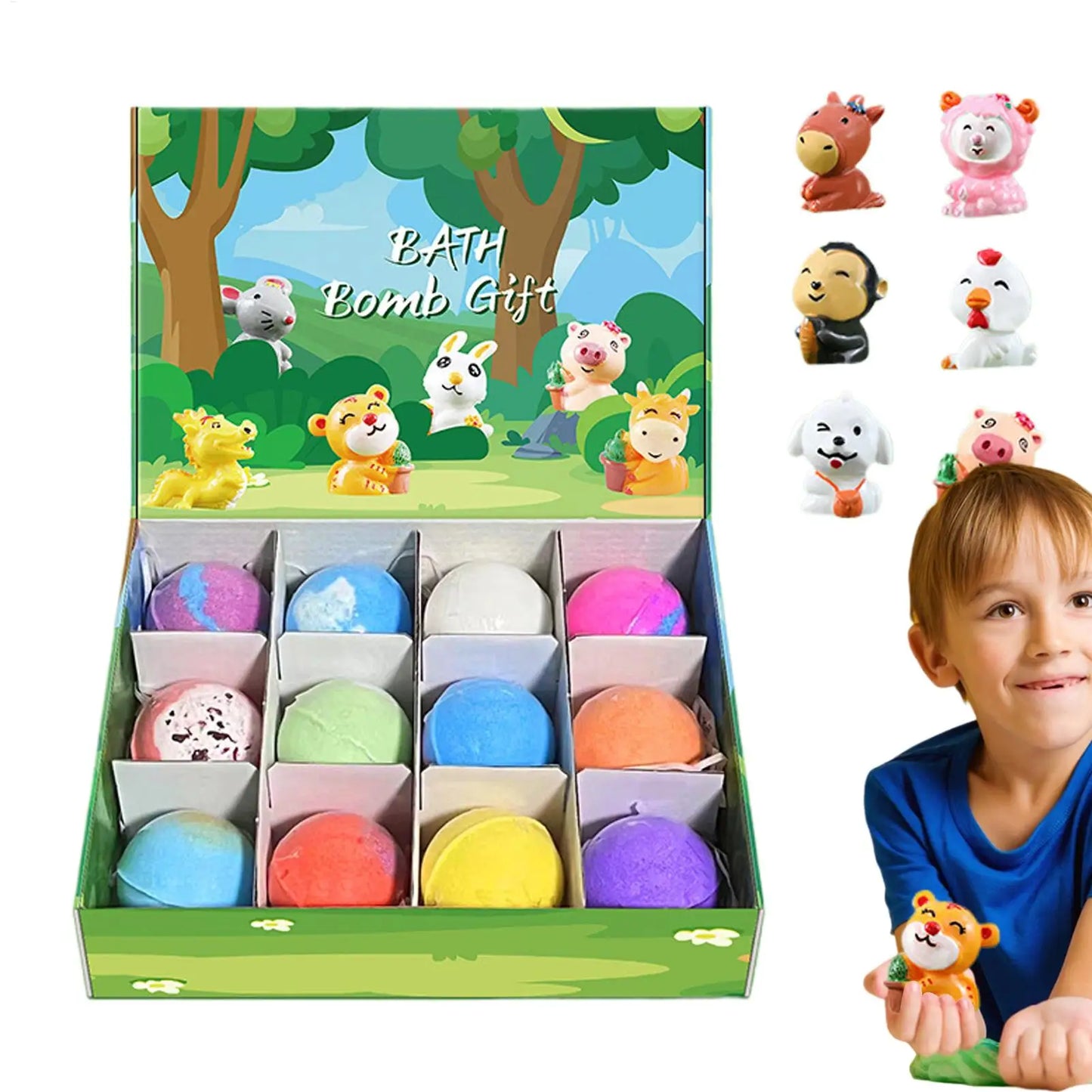 12Pcs Ocean Themed Bath Bombs Gift Set with Surprise Sea Animal Toys Inside Natural Bubble Bath Salt Balls for Kids Holiday Gift