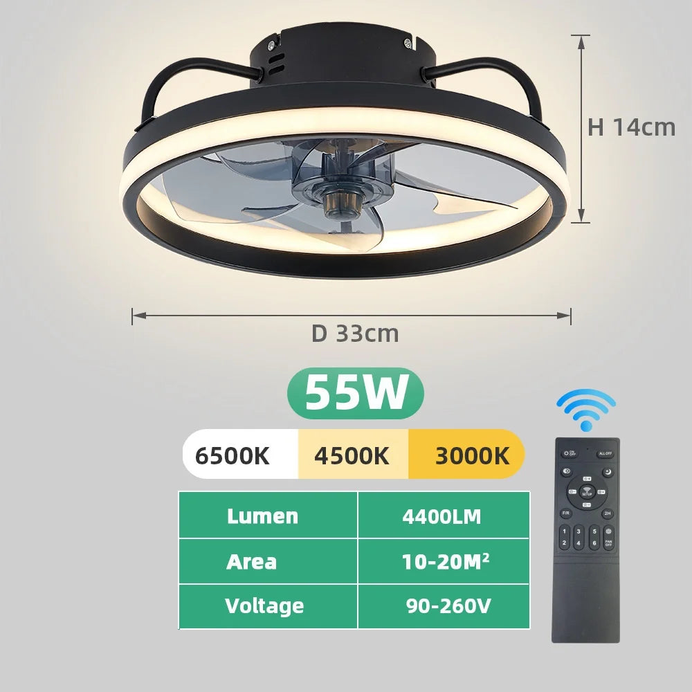55W Ceiling Fan With Light, Ceiling LED Light Fan With Remote, Electric Fan With LED Lamp for Home Rooms Bedroom 34cm