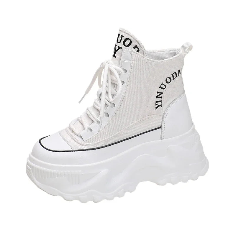 Women Sneakers High Top Platform Breathable Leather Shoes 2023 Autumn Ladies Wedges Casual Shoes For Woman Sports Dad Shoes 8CM