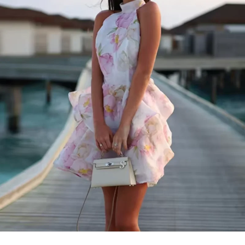 Modest Sweet Printed Neck Strap Mini Dress For Women High Waist Sexy Dresses Summer Elegant Tiered Clothing