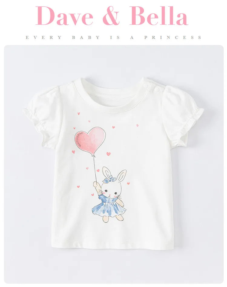 Dave Bella Baby Girl White T-shirts Cartoon Printed Girls Tees Children Tops Puff Sleeves Kids Clothes DB2221905
