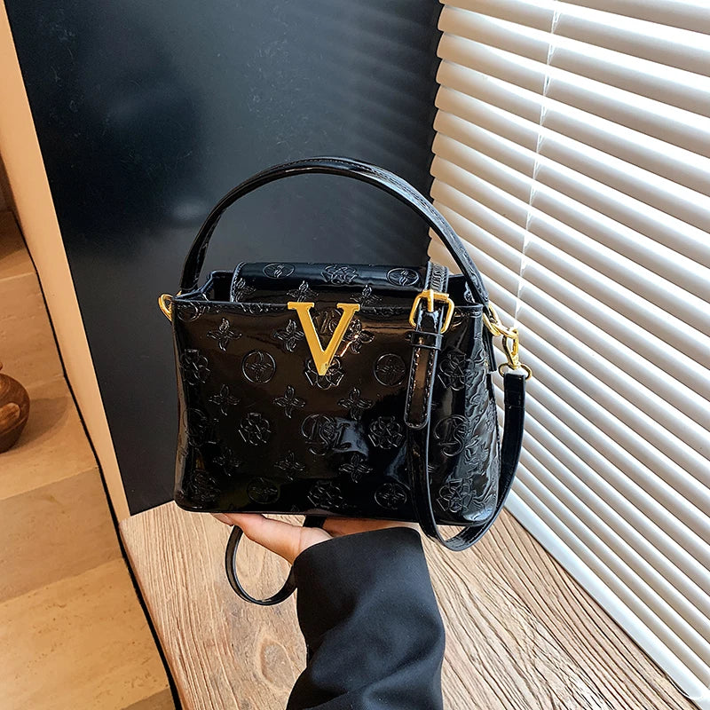 Elegant Trendy Smooth Shiny PU Solid Color Women Shoulder Bag Pattern Print Deco Handbag Crossbody Bag for Outings Party Travel