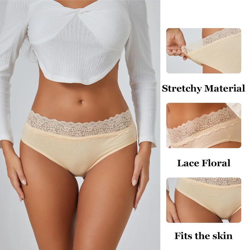 FINETOO 2Pcs Women Cotton Seamless Underwear Sexy Lace Waist Patchwork Panties Female Solid Briefs Plus size Breathable Lingerie