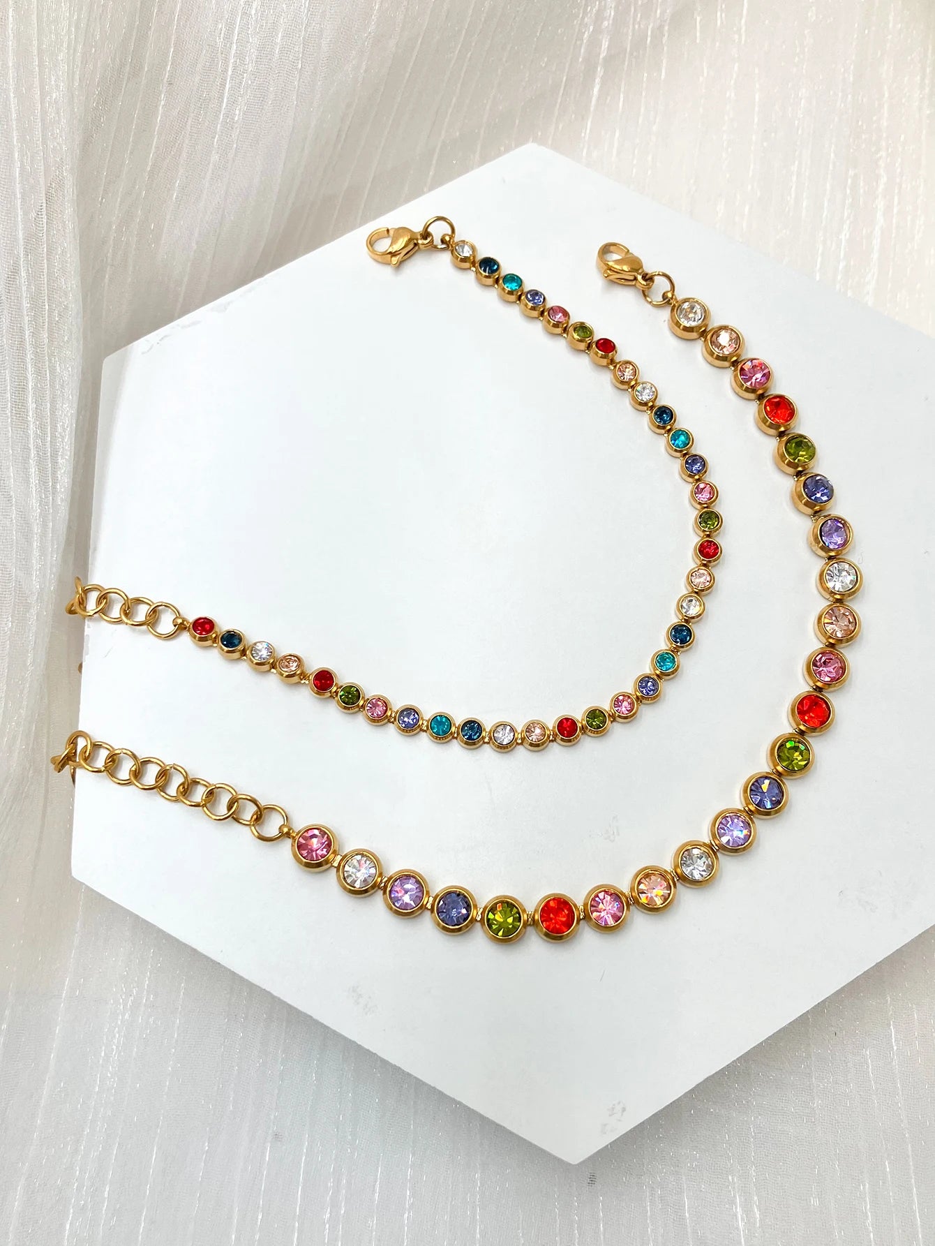 A pair of French retro and fashionable stainless steel women's colored zircon bracelets, daily commuting gifts, dating parties