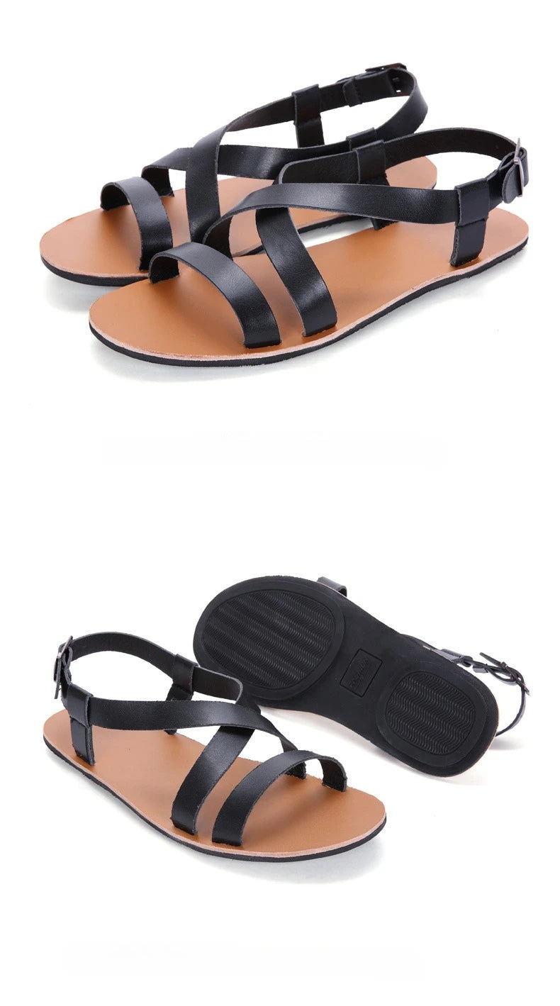 Mens Summer Breathable Leather Sandals Comfortable Roman Slippers for Outdoor Walking Casual Wear Non Slip