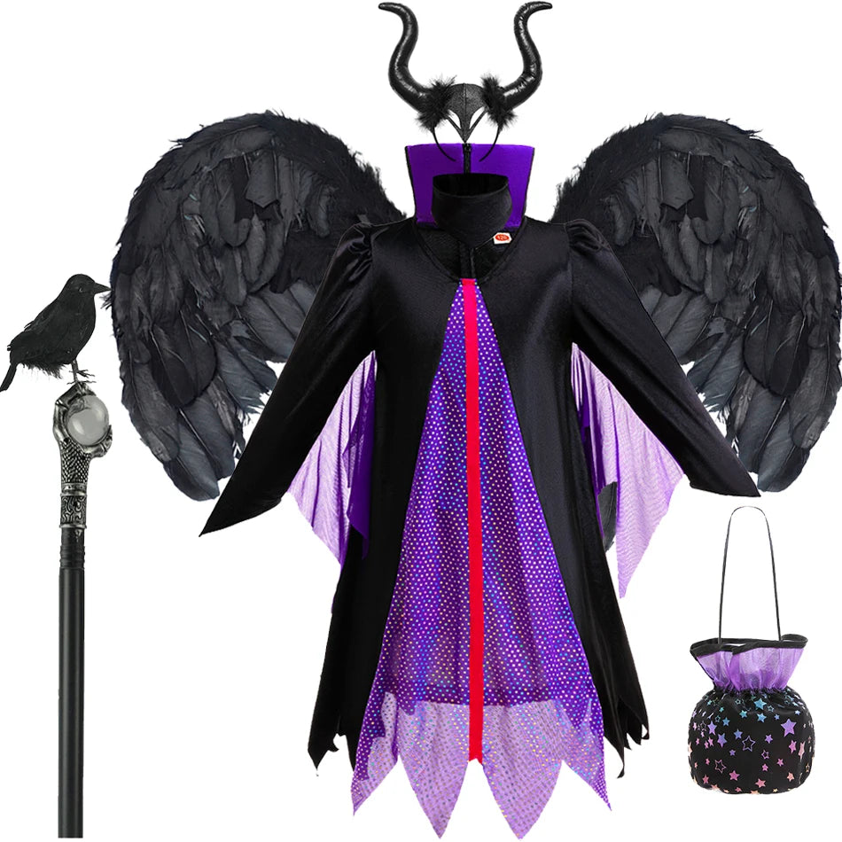 Halloween Costume Girls Cartoon Maleficent Cosplay Dress Children Fancy Witch Disguise Robe Carnival Devil Queen Dot Tulle Frock