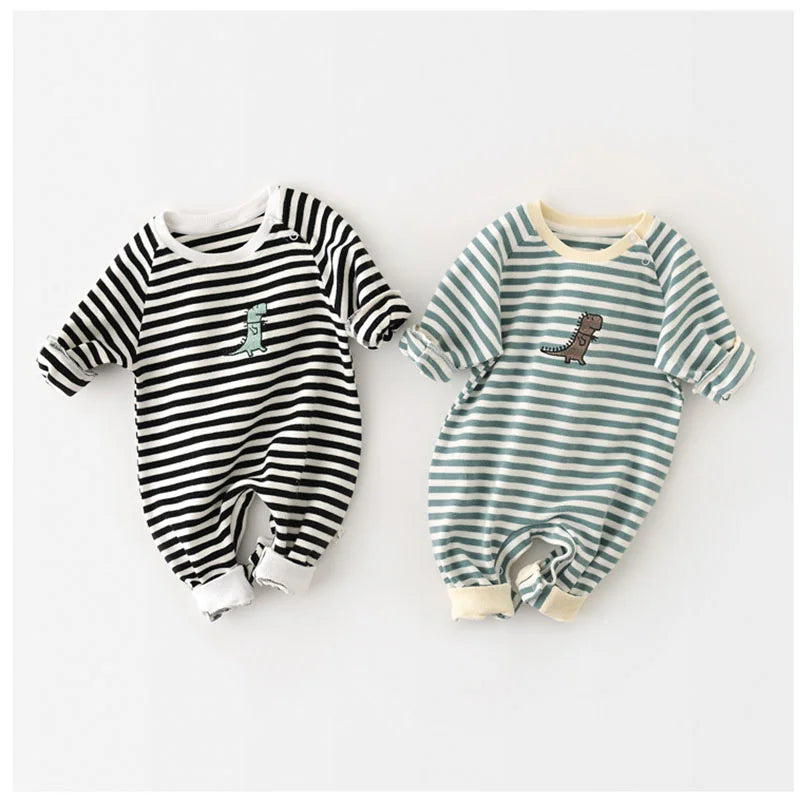 Baby Clothes Striped Cotton Newborn Boy Rompers Dinosaur Embroidery Toddler Jumpsuit