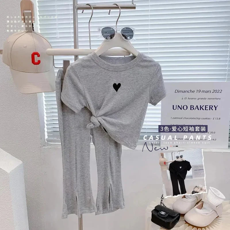 Summer Baby Girls Clothes Set Children Casual Tshirts and Flared Pants 2pc Outfits Kid Sweet Heart Print Top Bottom Cute Outfits