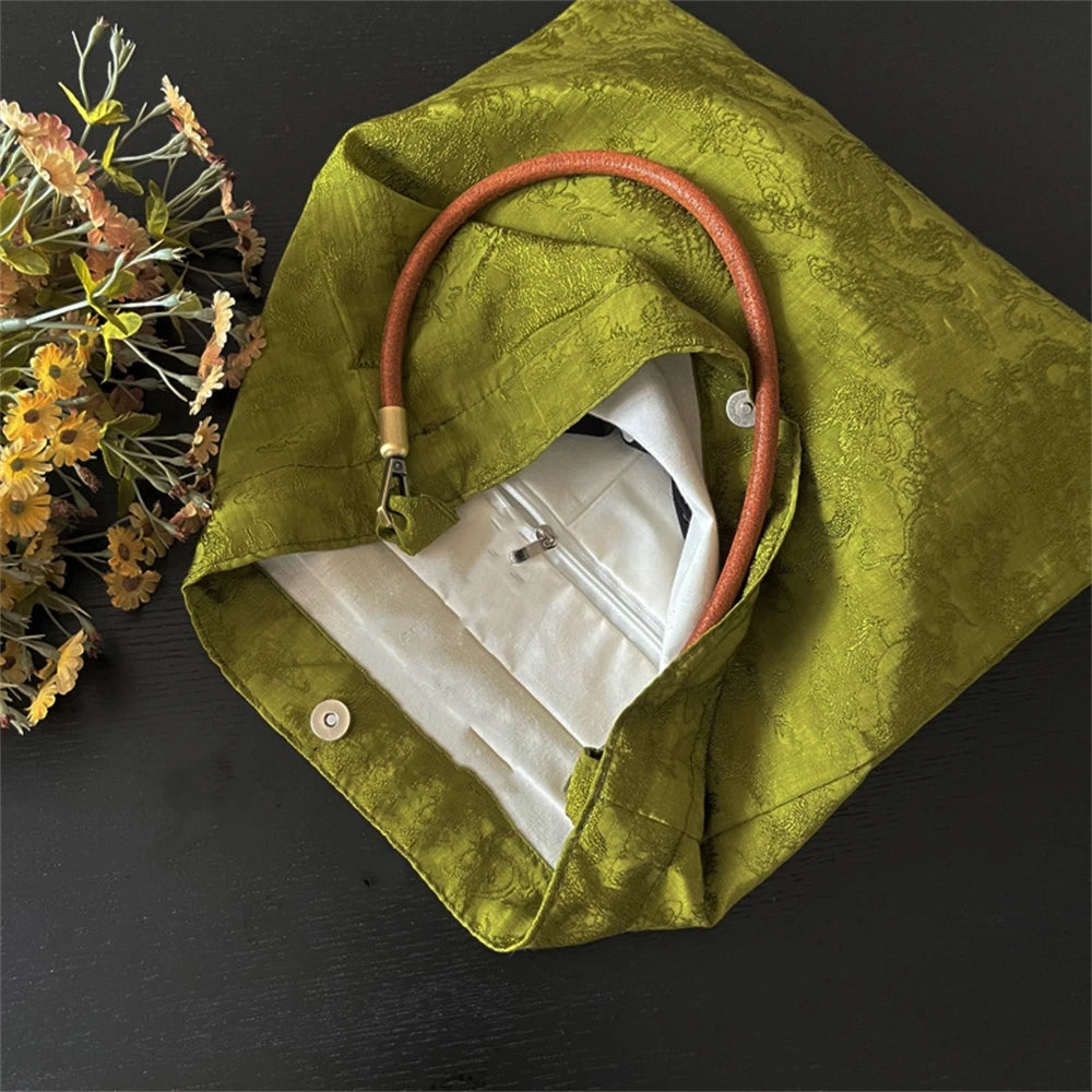 Women Handbag Totes Vintage Jacquard Silk Sati Linen Underarm Bag Portable Knot Wrist Bag Adjustable Pu Crossbody Travel Bag