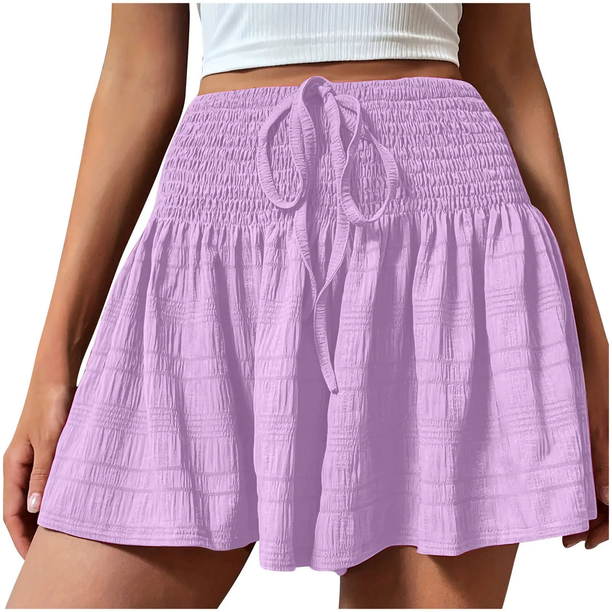 Women Casual High Waist Shorts Skirt Smocked Elastic Drawstring A-Line Flowy Short Skirt Pants Summer Solid Color Beach Skorts