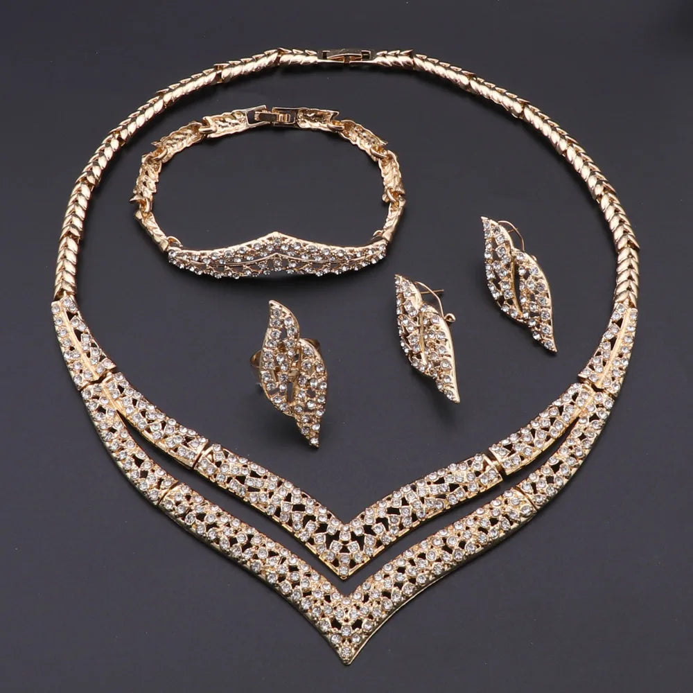 Dubai Gold Color Jewelry Set Fashion Women Necklace Earrings Bracelet And Ring 4PCS Set Jewelry Wedding Party Gift