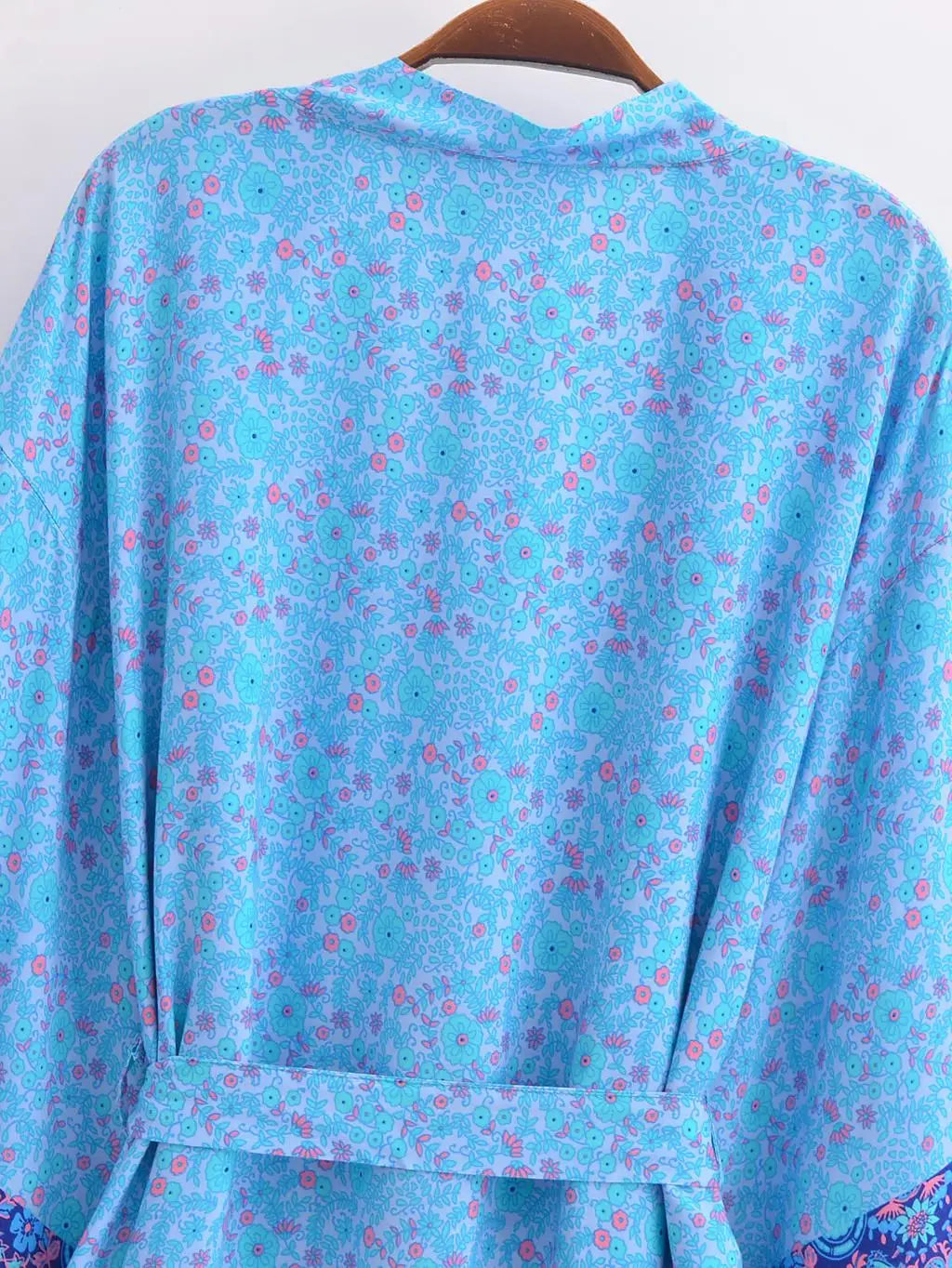 BOHO Women Blue With Pink Flower Print Kimono Shirt Holiday Tide Bow Sashes Mid Long Cardigan Summer Blouse Beach Cape