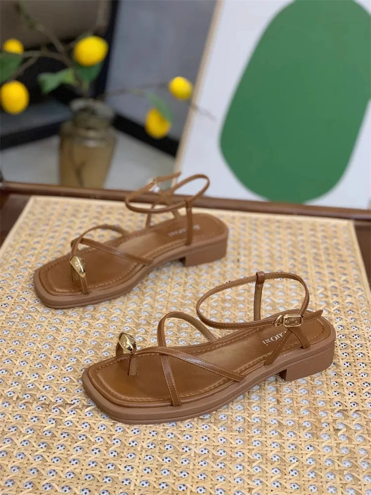 Sandals Women 2024 Summer New Fashion Square Toe Roman Shoes Simple Fairy Strap Women Shoes Flat Casual Shoe Sandalias De Mujer