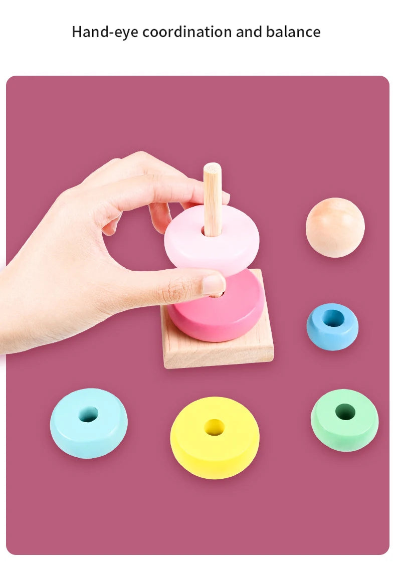 Rainbow Stacking Ring Tower Montessori Wooden Puzzle Toys Pyramid Nesting Blocks Geometric Games Children Early Education Toys