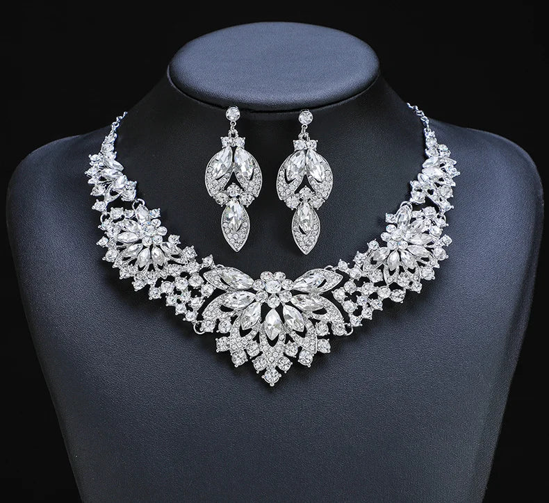 Advanced design retro necklace earring set leaf Multicolored flowers luxurious crystal jewelry bride's wedding dress accessories