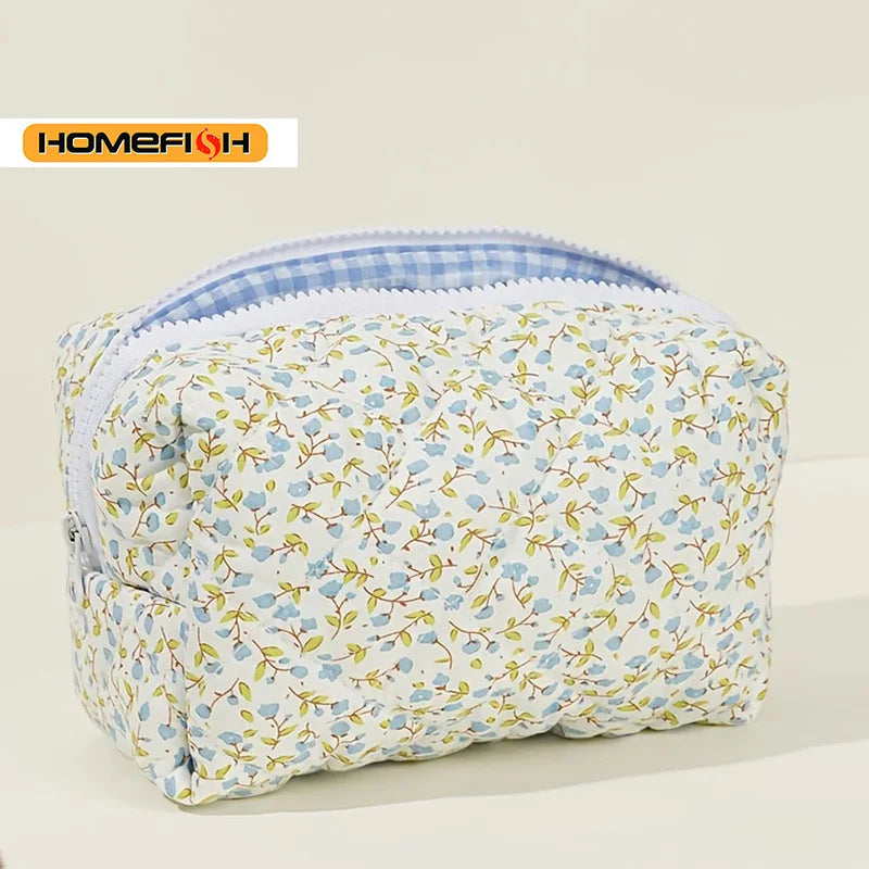 Floral Puffy Quilted Makeup Bag Large Capacity Travel Cosmetic Pouch Flower Print Storage Organizer for Women Daily Travel Use