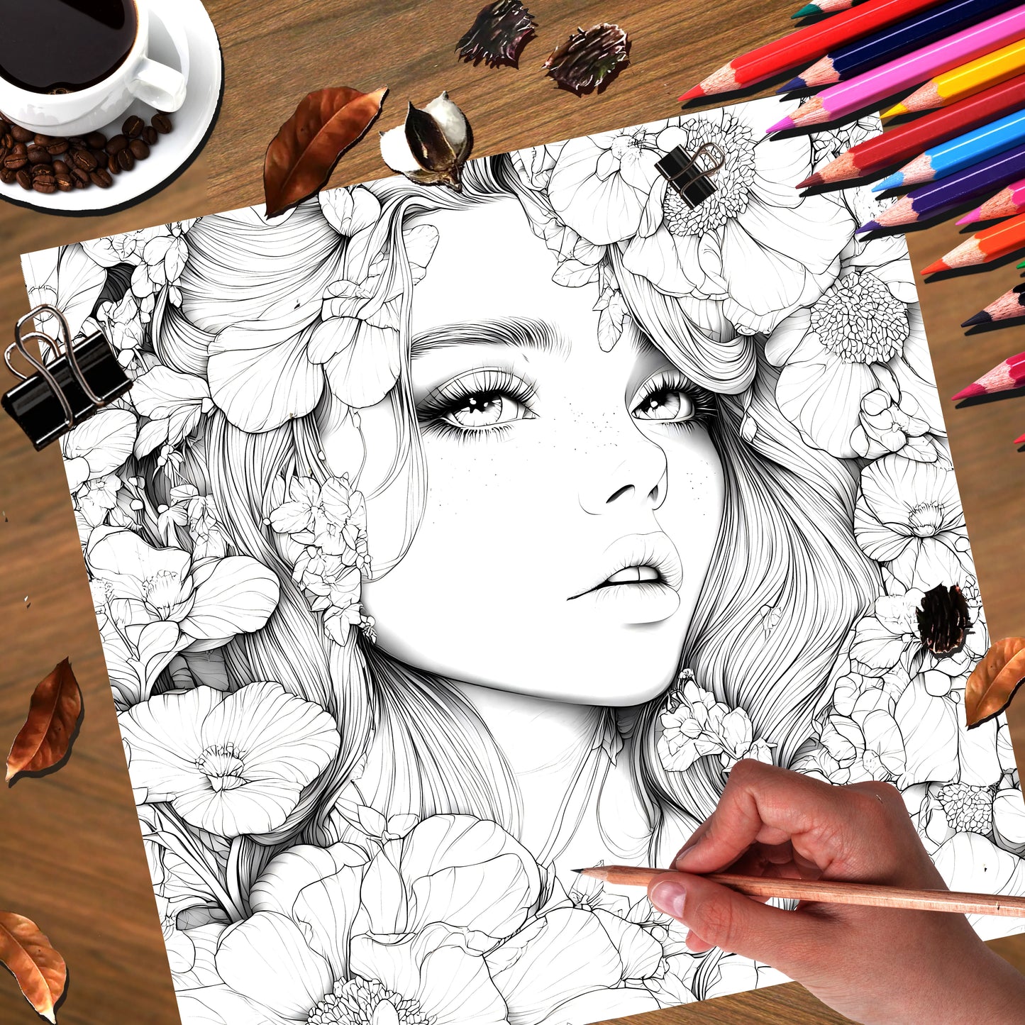 Adult Picture Book: Beautiful Women in Bloom for Makeup Practice with Detailed Portraits and Coloring Pencil Techniques