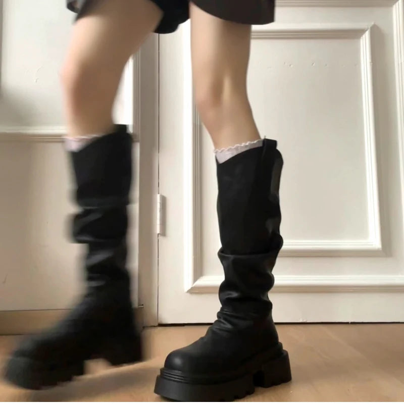 Autumn Winter Platform Thick Bottom Women Long Boots Fashion Slip On Shoes Vintage Ladies Knight Botas