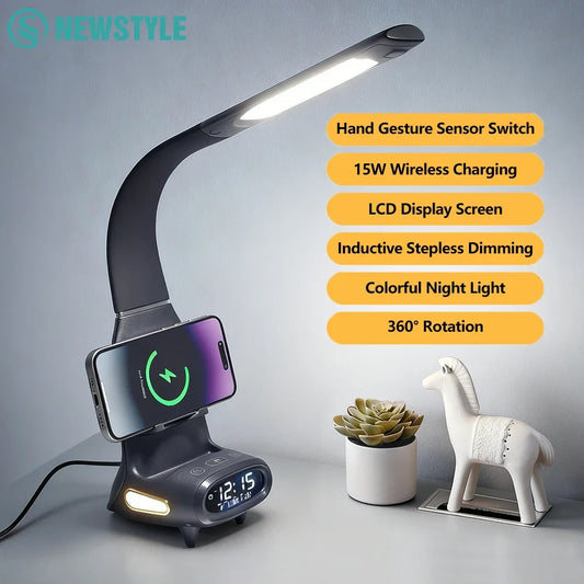 Multi-Function Eye-Protecting Reading Desk Lamp for Students 3000K-6000K Stepless Dimming 15W Wireless Fast Charging Study Light