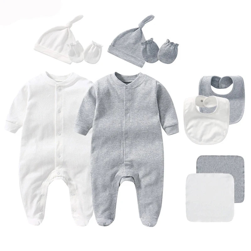 Unisex 5Pcs Newborn Baby Long Sleeve Cute Cotton Romper Jumper + Hats + Mittens+ Bib+Towel Infant Clothes Set