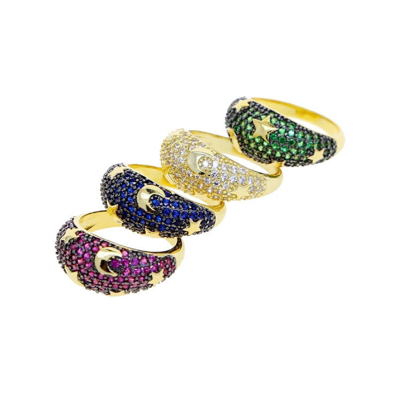 2025 Gold Color Rainbow Fashion Bling Moon Star Ring For Women Men Hip Hop Iced Out Paved Colorful Neon Enamel Luxury Jewelry