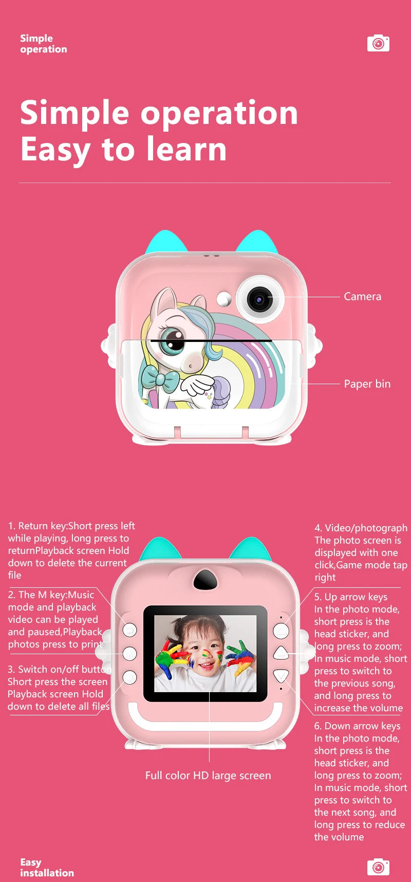 Print Camera for Kids Bluetooth Wireless Inkless Instant Print Connected APP Take Photo Video Record Camera Boys Girls Gift Toys