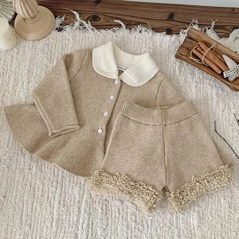 2024 New Autumn Winter Infant Baby Girls Clothing Set Long Sleeved Knitted Cardigan+Shorts Toddler Baby Knitted Clothes Suit