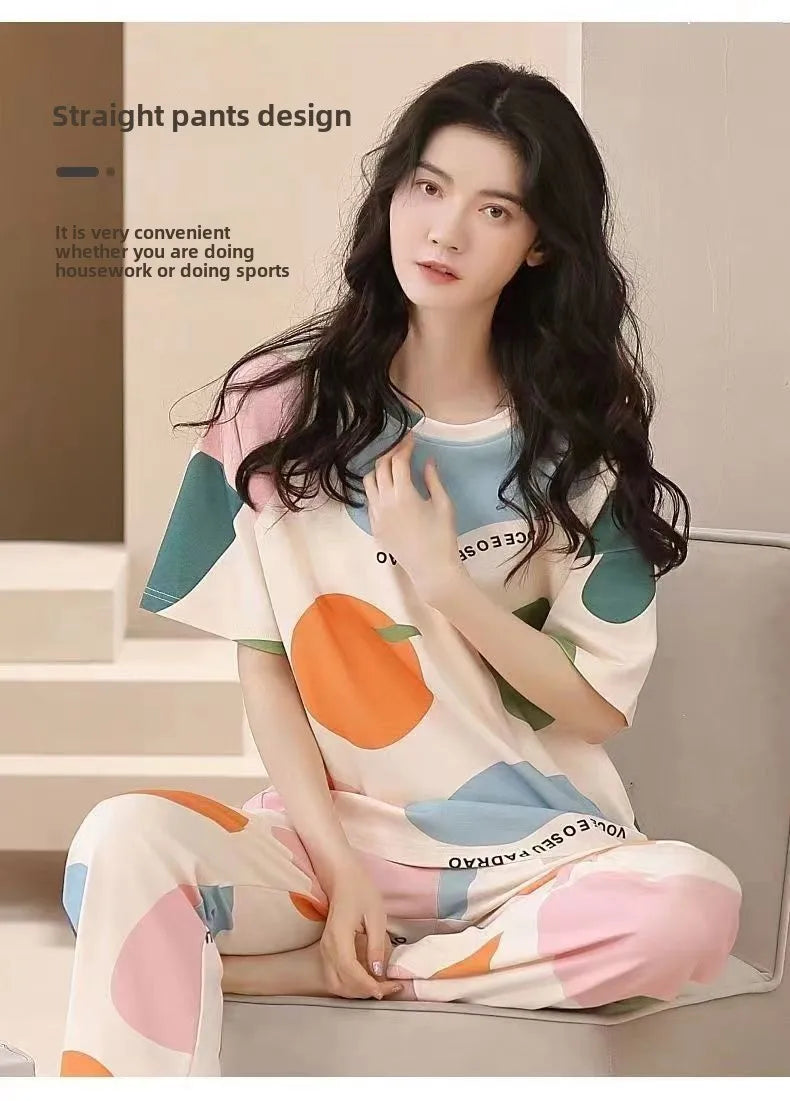 Pyjamas Set for Women‘s Short Sleeve Long Pants Student Casual Cartoon Bear Sweet Cuet Sleepwear Loungewear Romantic Nightwear