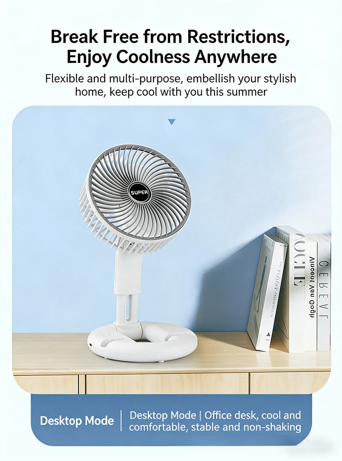 3-in-1 Telescopic Cool Fan USB Charing Folding Desktop Circulator 3-Speed No-Drill Wall Mount Electric Fan for Dorm Home Office