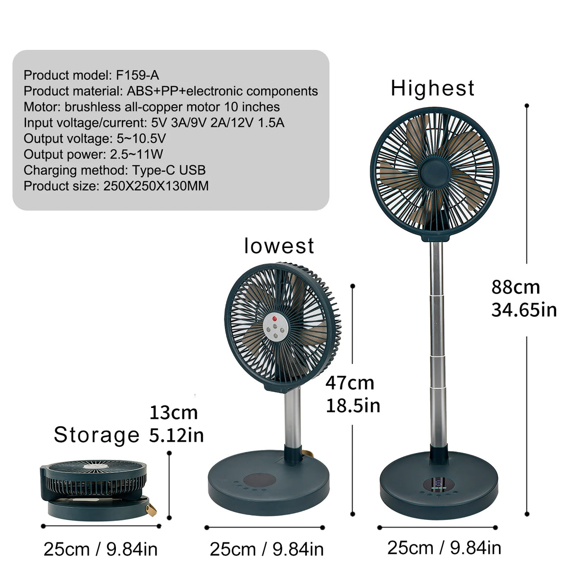 10 Inch Portable Standing Fan with Remote Controller Foldable Desk Fan Rechargeable Powered Pedestal Fan for Camping Desktop Fan