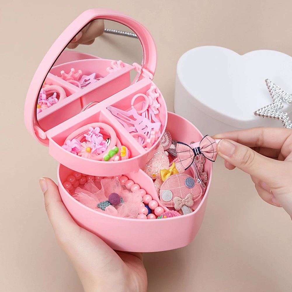 Hair Accessories Box Jewelry Storage With Mirror Pink Hair Clips Rubber Band Organiser For Girls Children Portable Travel Case