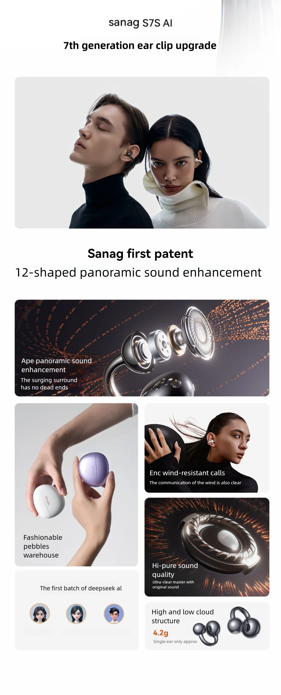 Sanag S7S AI Open Ear Clip on Headphones HiFi 3D Stereo Sound Quality AI Assistant Wireless Bluetooth Earphones APP EQ Setting