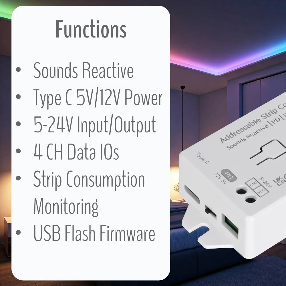 IoTorero WLED Type-C PD Energy Meter Addressable Sounds Reactive Strip Controller WS2811 WS2812B WS2814 WS2815 etc